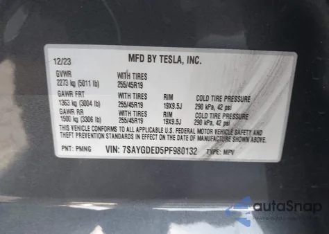 2023 Tesla Model Y Rwd z USA, uszkodzony, nr VIN 7SAYGDED5PF980132